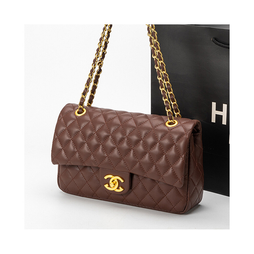 Five Leaf (Brown) New First Layer Cowhide Fashionable And Versatile Rhombus Chain Bag Popular Women's Bag Temperament Single Shoulder Crossbody Bag