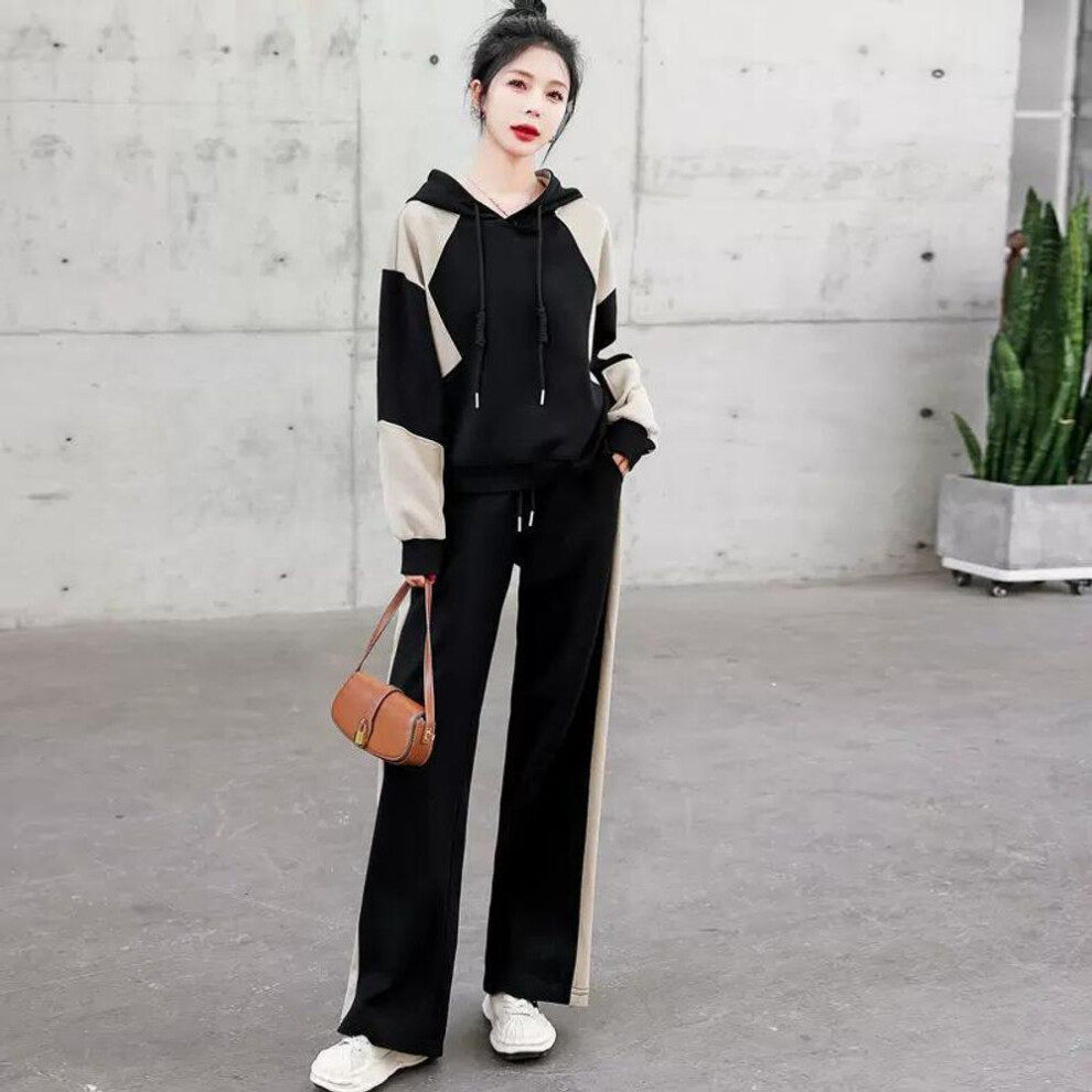 (black, M) Early Autumn Casual Fashion Short Sleeve Patchwork Set Women's Wide Leg Pants Suit Korean Style Ladies' Ensemble-image-OPC-PMP7HDK-NEW