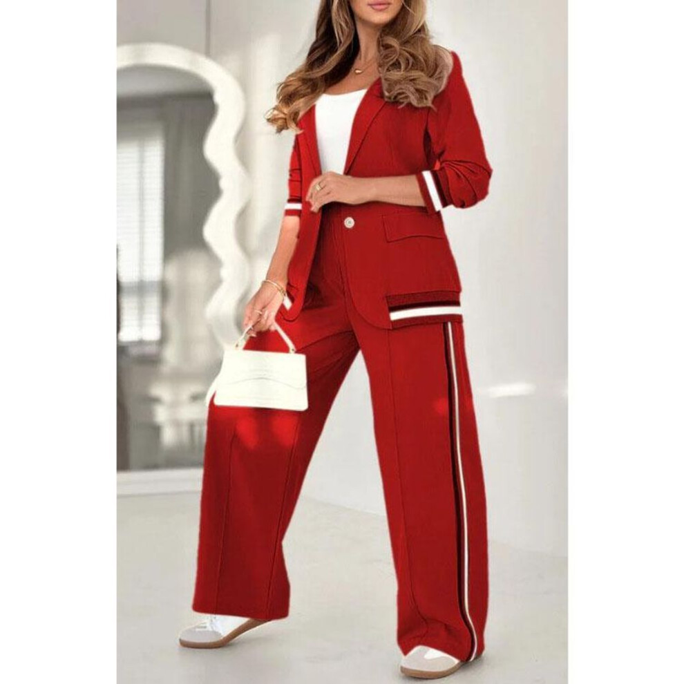 (red, XXL) Two Piece Sets Women Pant Set Turn Down Collar Matching Sets Coats Wide Leg Long Pants Elastic Waist Casual Regular-image-OPC-PMP7K8T-NEW
