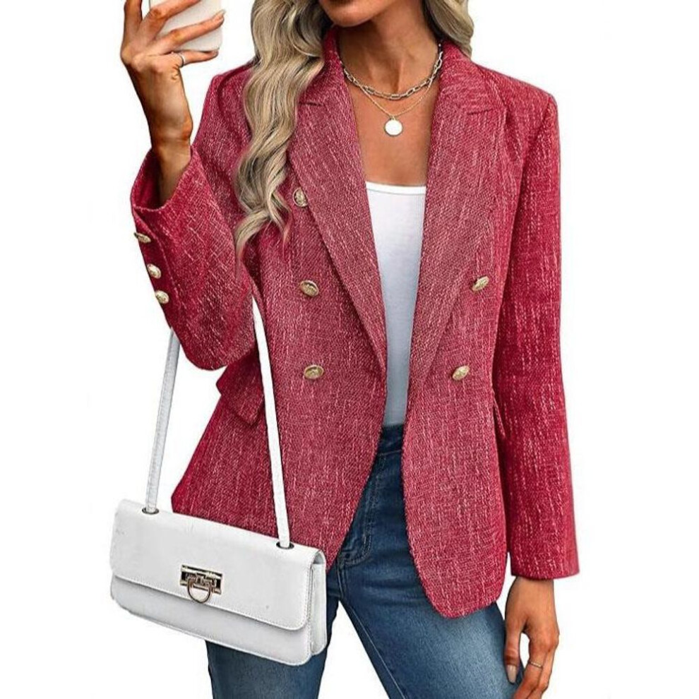 (red, S) Western Style Women's Double Breasted Blazer Chic Elegant Office Ladies Embellished Texture Suit Jacket Slim Fit Business Jacket-image-OPC-PMP7KJM-NEW