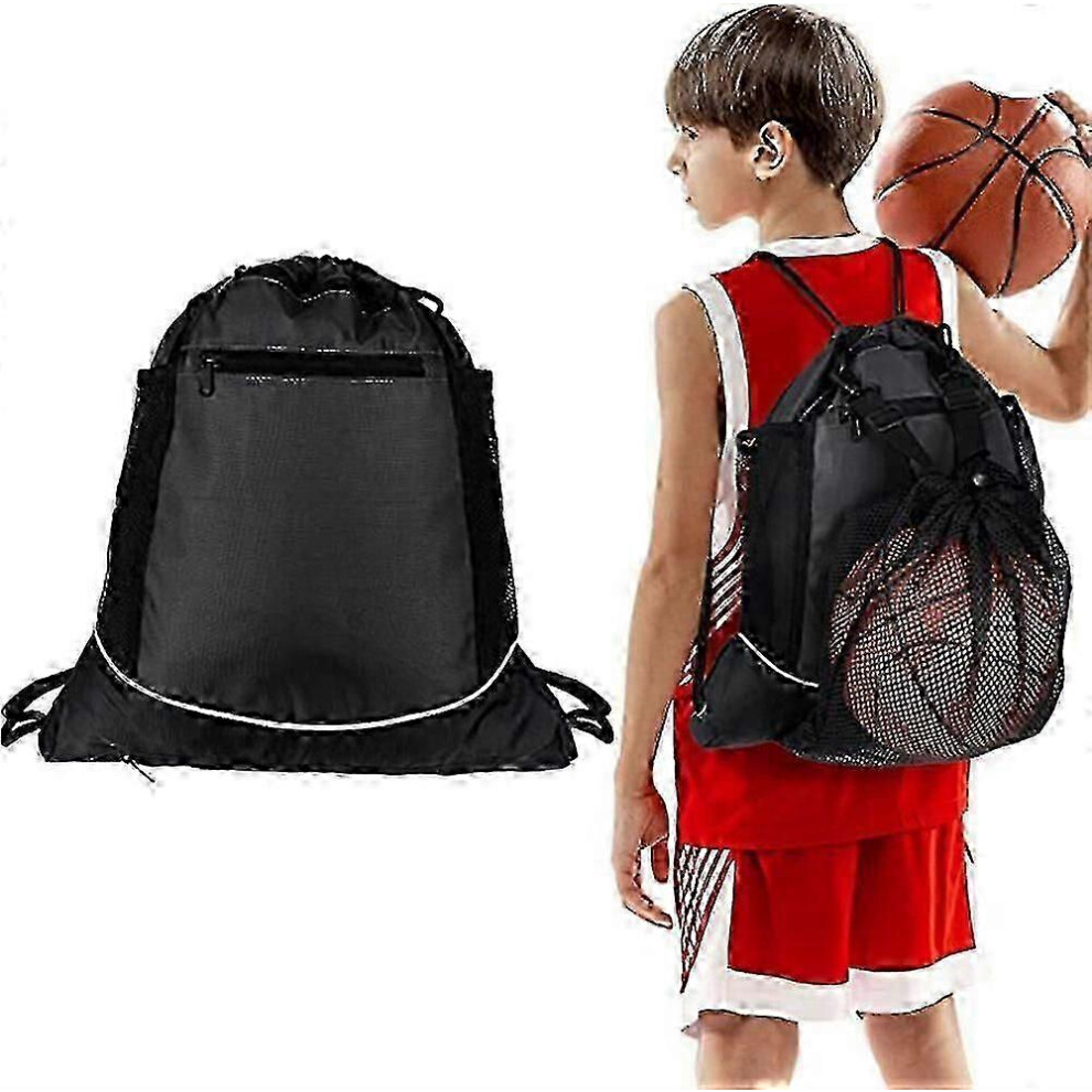 Drawstring Basketball Backpack Sports Bag For Volleyball Baseball Yoga Black