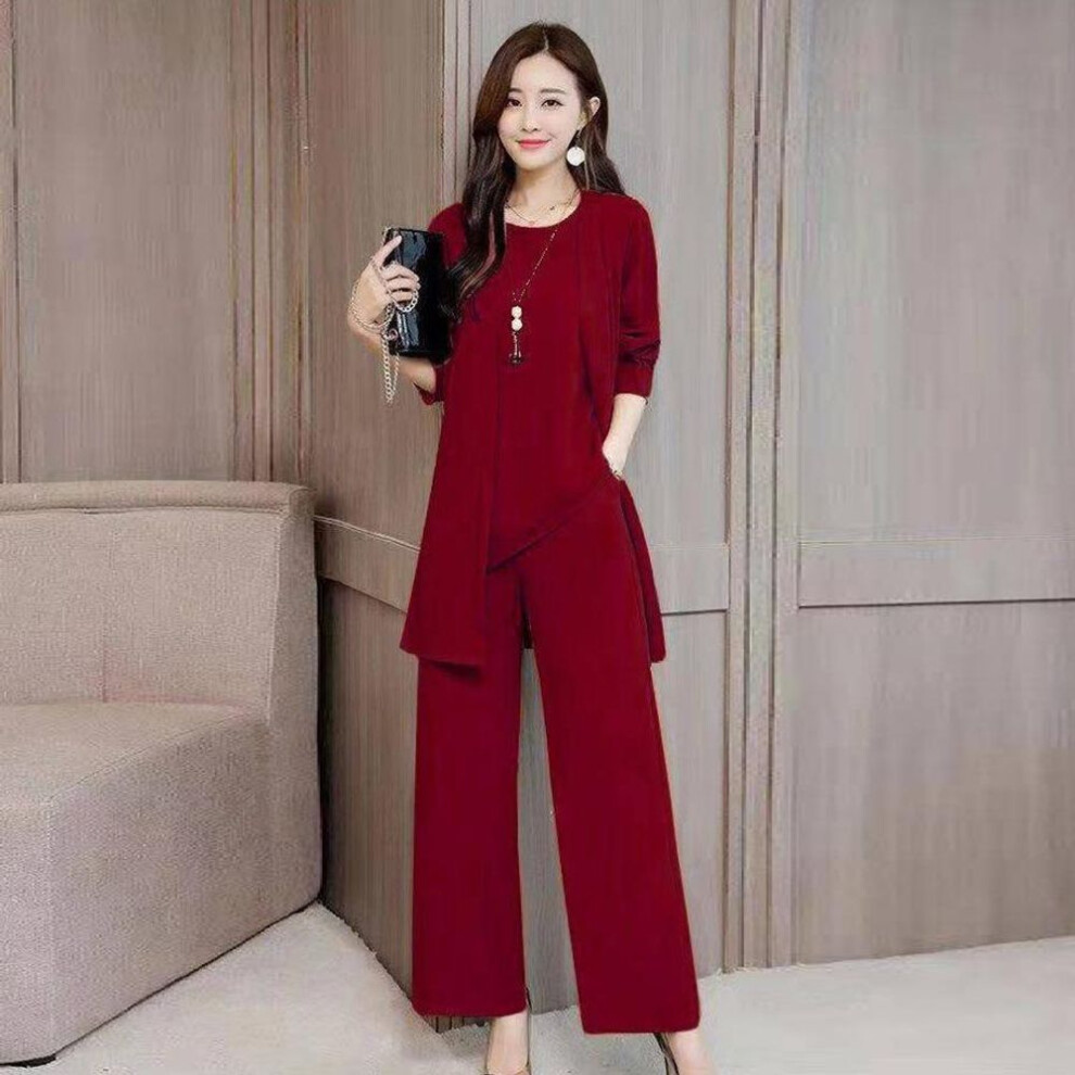 (wine red, XXL) Elegant Three-piece Set Spring Autumn Loose Fit Wide Tatty Fashionable Age-reducing Plus Size Women's Suit-image-OPC-PMP8CT7-NEW