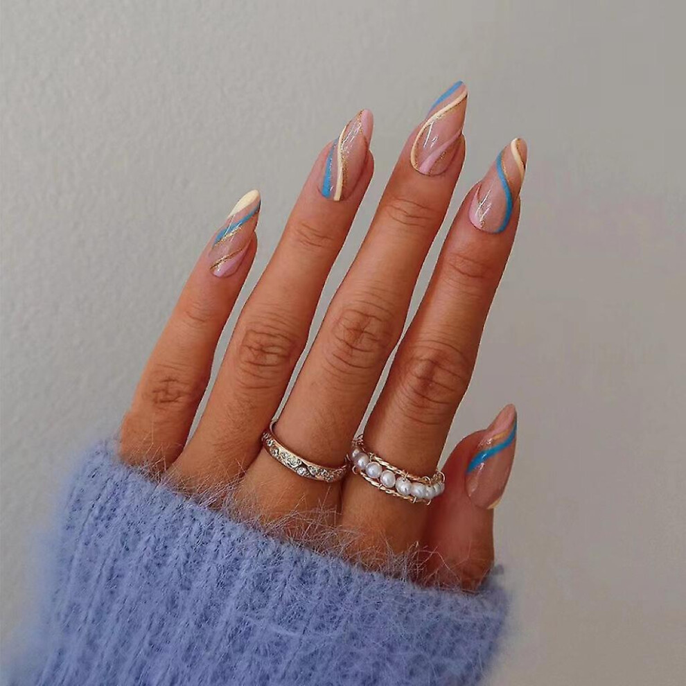 Kikidex (As Show, One Size) 24Pcs Manicure Round Head Simple Multi-Color Lines Wavy Summer Full Coverage Detachable Diy Nail Stickers