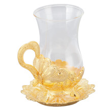Goldenes graviertes Zinklegierung & Glaskaffeetasse mit Untertasse, elegantes Retro-Design