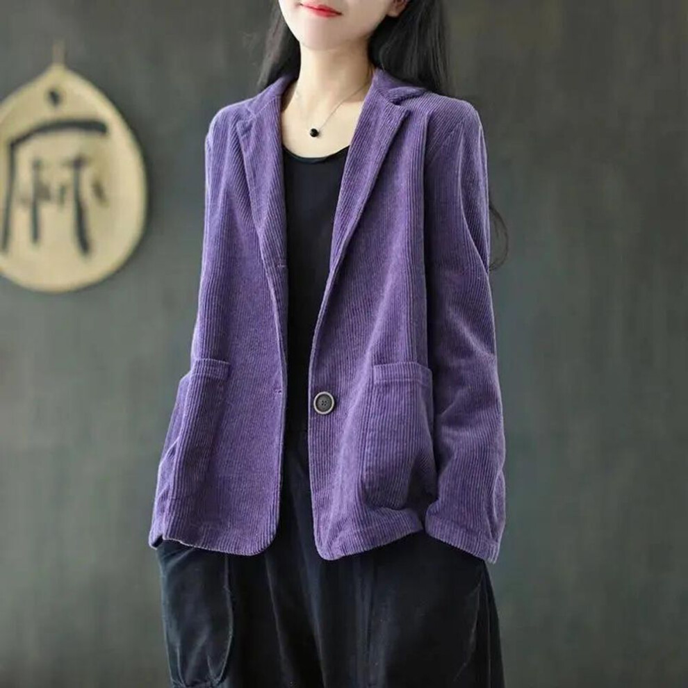 (purple, S) Large Size Corduroy Suit Collar Short Jacket Women's Autumn Long-sleeved Literary Retro Casual Jacket Top-image-OPC-PMP9W6R-NEW