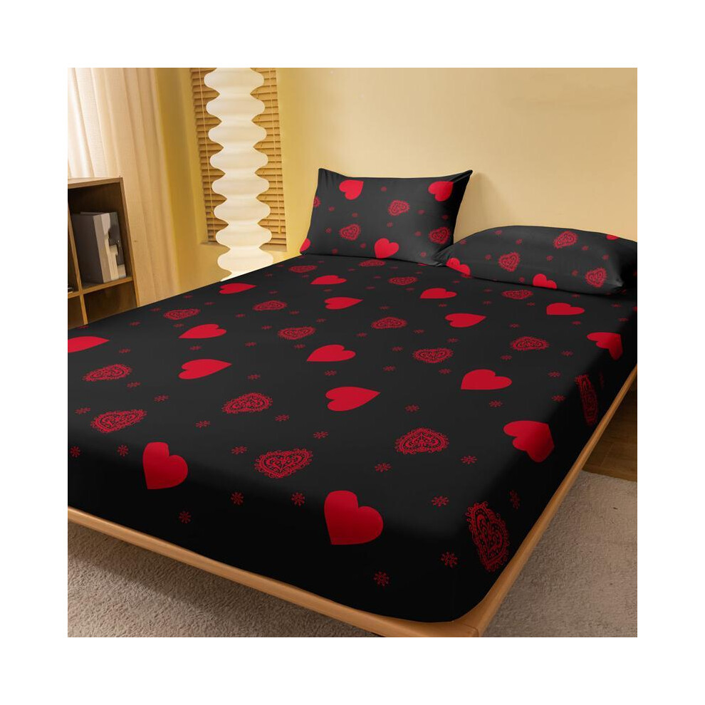 (Black & Red, 198x203cm) Fitted Sheet, 1 Count Heart Pattern Bedspread, Soft Bedding For Bedroom Without Pillowcase-image-OPC-PMP9ZFM-NEW