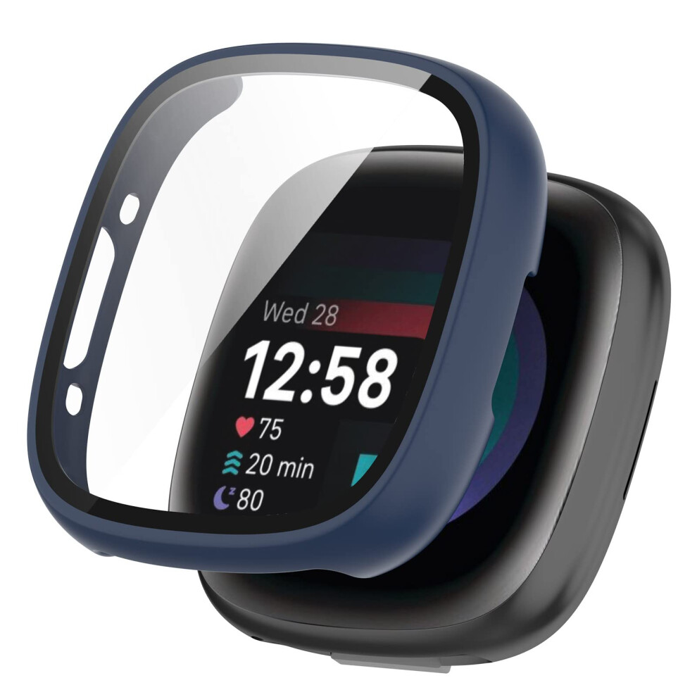 Watch Case 2 Pack For Fitbit Sense 2 And Versa 4, Hard Pc Bumper, Tempered Glass Screen Protector, Midnight Blue 9339159943960