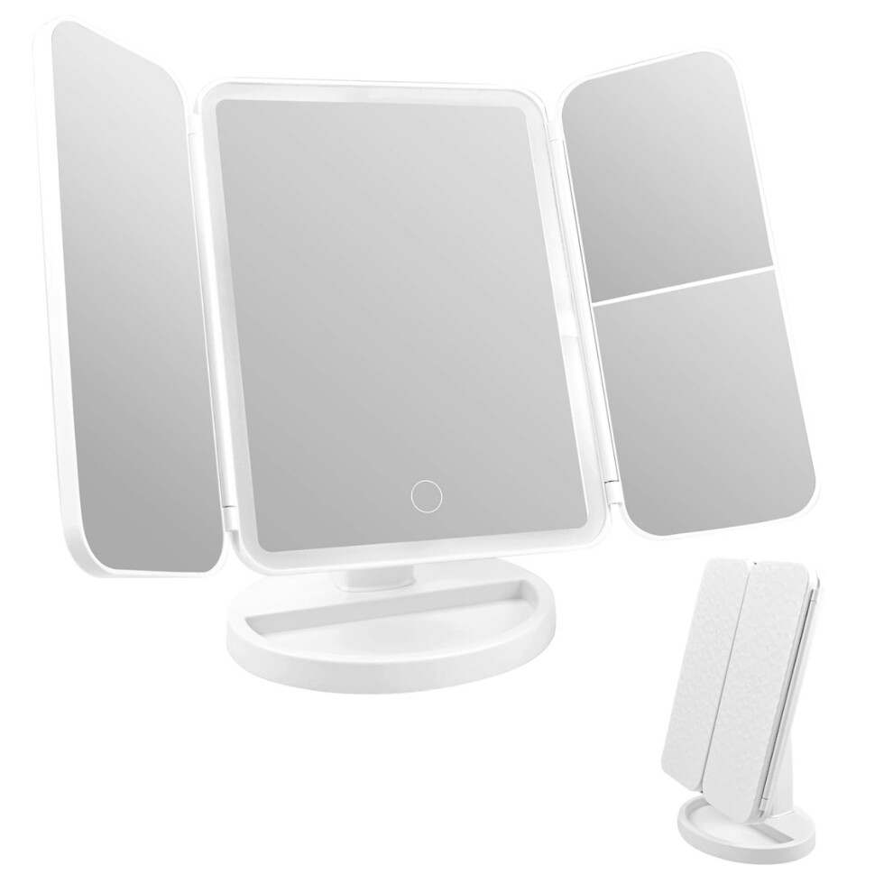Makeup Mirror With LED Lights 1x/2x/3x Trifold Magnifying Dressing Table Mirror Stepless Dimming Touch Control 180 Rot.