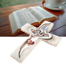 Vintage Style 23x17cm Wood Cross with Interlinked Hearts Design