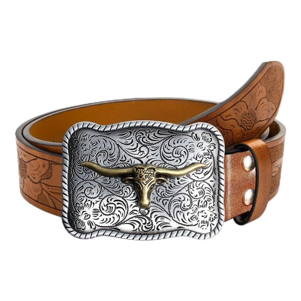 (110cmï¼Waistï¼30"to 36"ï¼, Brown) Men's Western Cowboy Belt - Genuine-Like Faux Leather, Longhorn Buckle for Cowboy/Ranch/Daily/Formal Events-image-OPC-PMPCHPN-NEW