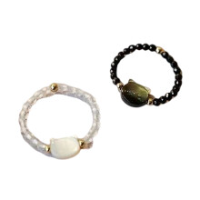 2 Pieces Adjustable Cats Rings Natural Moonstone Obsidian Finger