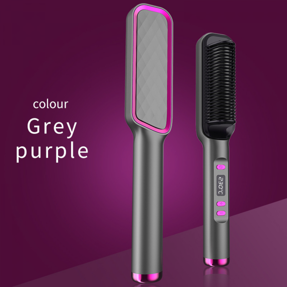 Purple Lcd Straightening Brush - 2-In-1 Ionic Hair Straightener & Curler, Anti-Scald Styling Comb For Wet/Dry Hair