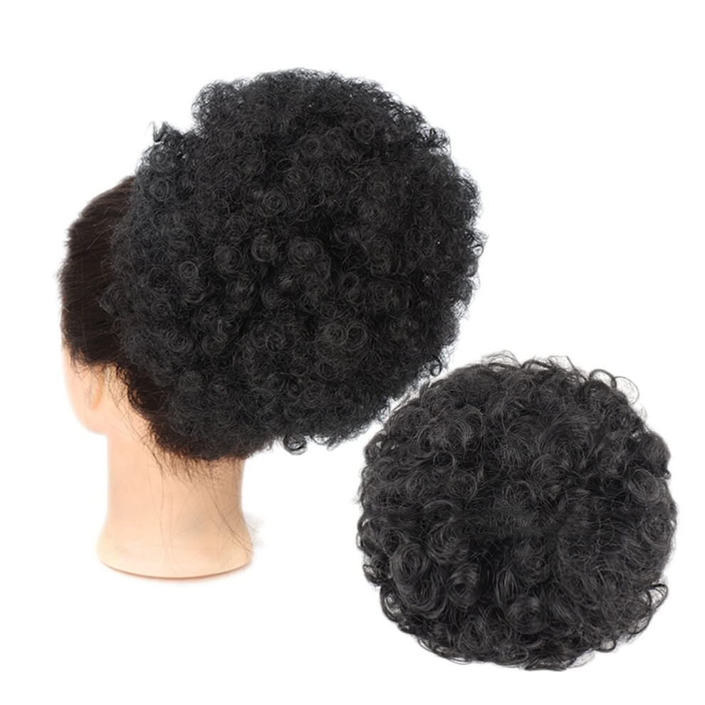 Unisex Black Messy Hair Bun Afro Puff Drawstring Ponytail Extension, Short Kinky Curly Synthetic Afro Chignon Hairpiece, 8-Inch