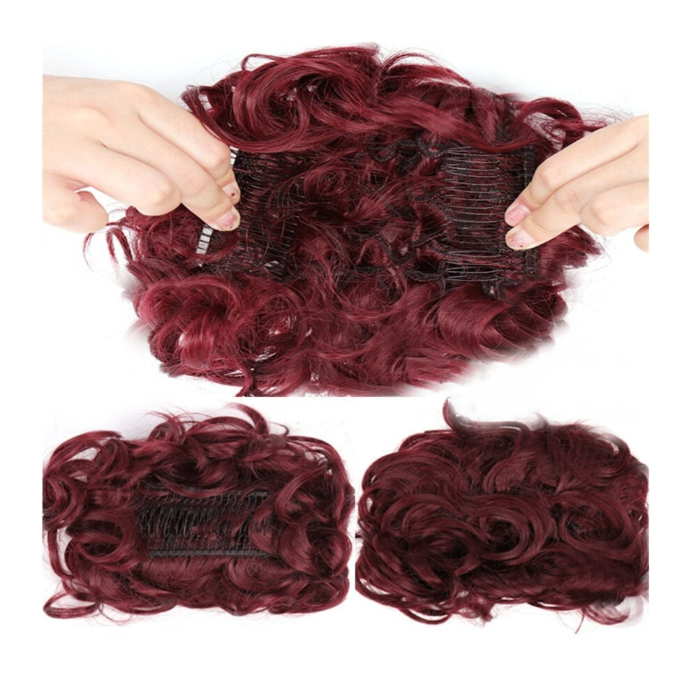 Unisex Red Women Chignon Messy Curly Bun Extensions Synthetic Updo Hairpiece Clip In Ponytail Extensions Burgundy