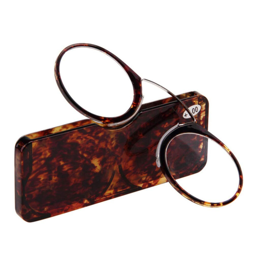 Brown Pince-Nez Readers Glasses Clip-On Reading Nose-Resting Mini Portable Unisex Sizes 1.0-3.5 Case