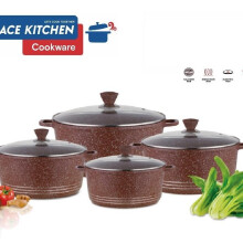 (Marbled Chocolate) GRACE Die-Cast Stockpots Set- Aluminium Non Stick Coating Cooking Pot With Tempered Glass Lid With Steam Vent Cookware Kitchen