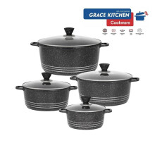 (Black) GRACE Die-Cast Stockpots Set- Aluminium Non Stick Coating Cooking Pot With Tempered Glass Lid With Steam Vent Cookware Kitchen