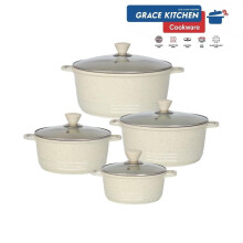 (Marble Cream) GRACE Die-Cast Stockpots Set- Aluminium Non Stick Coating Cooking Pot With Tempered Glass Lid With Steam Vent Cookware Kitchen