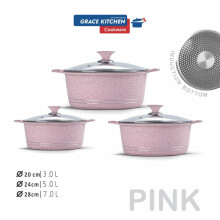 (3pc Pink (20-24-28cm)) GRACE Die-Cast Stockpots Set- Aluminium Non Stick Coating Cooking Pot With Tempered Glass Lid With Steam Vent Cookware Kitchen