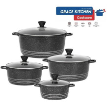 (Marble Black) GRACE Die-Cast Stockpots Set- Aluminium Non Stick Coating Cooking Pot With Tempered Glass Lid With Steam Vent Cookware Kitchen