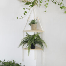 Corner Shelf White Wall Hanging 2-Tier Wood Floating Shelves Rustic Boho Decor Hand Woven Cotton Rope Photo Frames