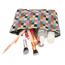 Durable Canvas Plaid Cosmetic Bag Spacious Zipper Toiletry Organizer