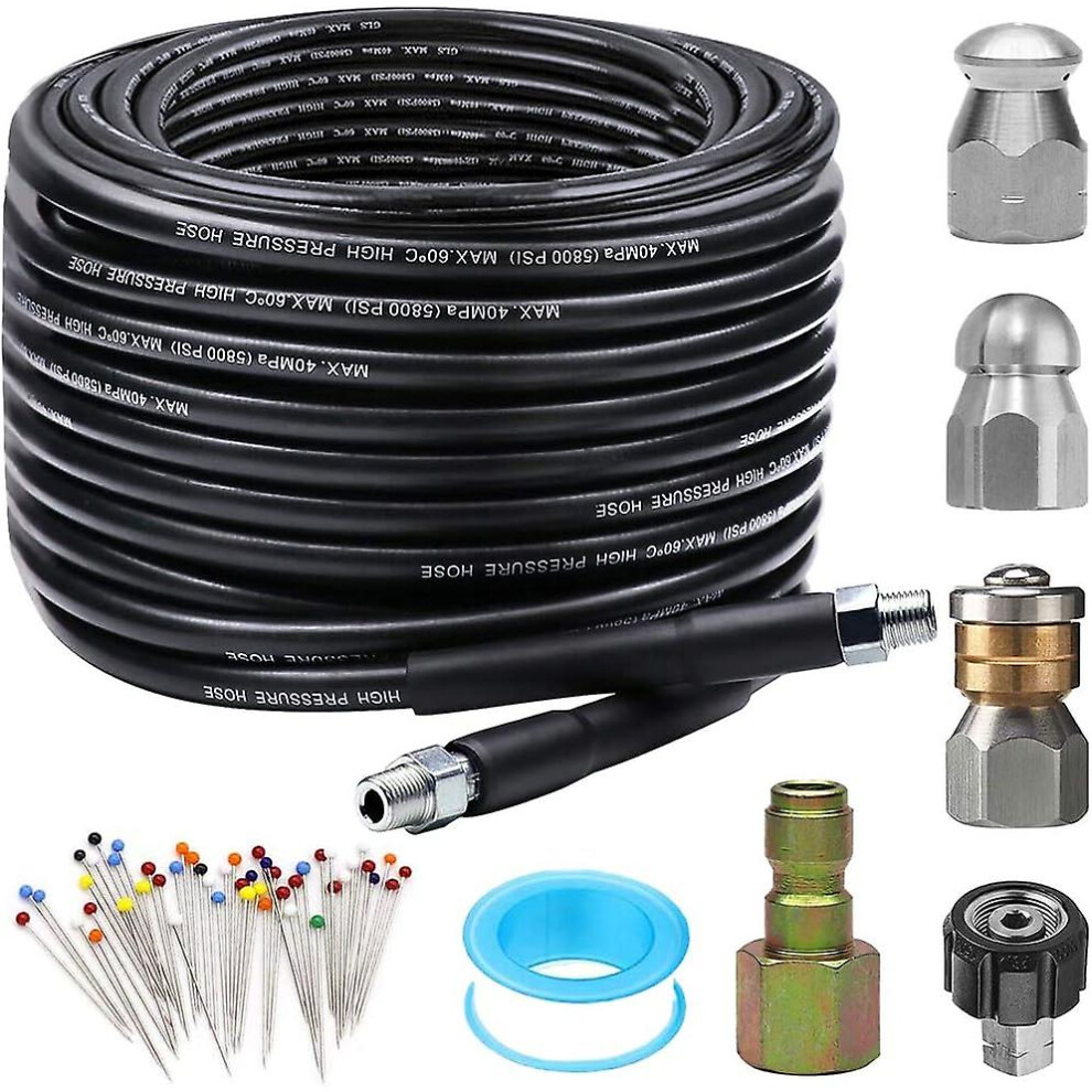 Kikidex (As Show, One Size) Sewer Jetter Kit For Pressure Washer 100 Ft, Newest 5800 Psi Drain Cleaner Hose 1/4 Inch Npt Corner, With 2 Spanner.
