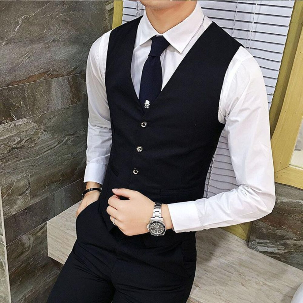 (S, black) Spring Autumn Fashion Men's Casual Trendy Business V-neck Single-breasted Suit Vest Coat Korean Solid Black Waistcoat Male-image-OPC-PMPFH57-NEW