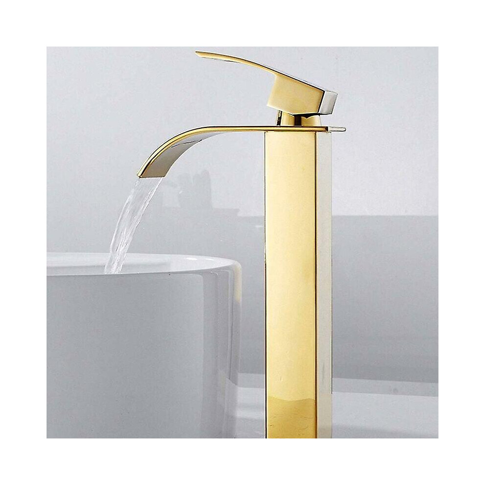 Kikidex (As Show, One Size) Bathroom Faucet High Waterfall Sink Spout For Basin, Modern Cold And Hot Water Mixer Square Chrome Single Hole (Gold) Gold