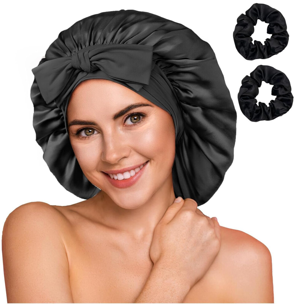 Black Silk Bonnet For Sleeping Adjustable Satin Hair Cap For Curly Hair Tie Band Hair Wrap