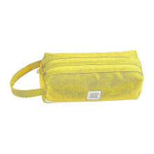 (yellow) Double Layer Zip Pencil Case Bag Student Canvas Kids Pen Pouch L