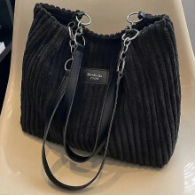 (black) Elegant Corduroy Tote Bag for Women, Chain Strap Shoulder Bag, Large Capacity, Daily Commute Handbag Handbag For School Work Travel