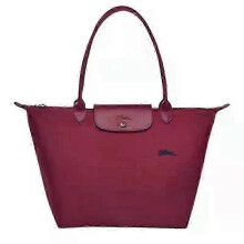 (L, Wine red) Women's Tote Bag, Single Shoulder Portable, Waterproof Nylon with Leather Decoration, Foldable and Storable