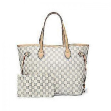 (White) Women Checkered Tote Shoulder Bag Purse Pu Leather Handbag Bag With Inner Pouch-r