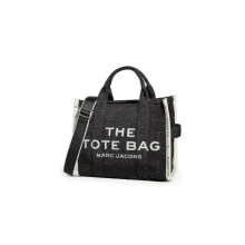 Women's Medium Tote Bag Black Jacquard Fabric 33cm Zipper Closure