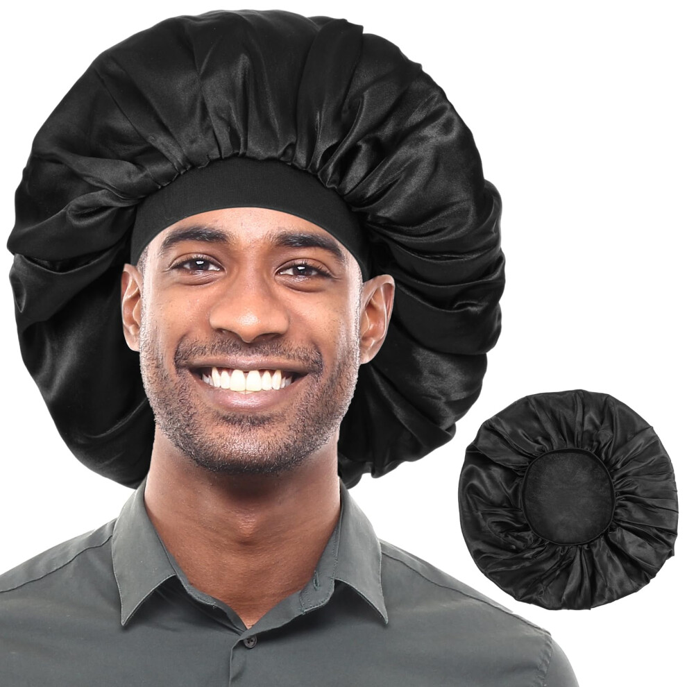 Black Bonnet For Men Silk Single Layer Hair Bonnet For Sleeping Adjustable Strap Reversible Sleep Cap Curly Hair