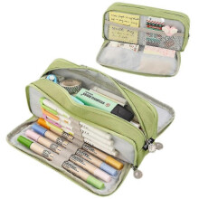 (Green) Large Pencil Case Big Capacity 3 Compartments Zipper Pencil Pouch For Teen Boys Girls School Students