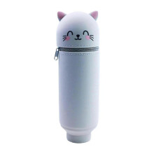 (Grey cat) Retractable Silicone Pencil Case, Multi-color Optional Standing Design, Soft Storage for Office Stationery