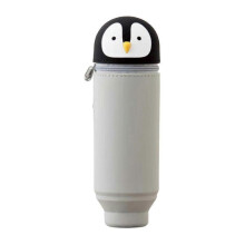 (Grey penguin) Retractable Silicone Pencil Case, Multi-color Optional Standing Design, Soft Storage for Office Stationery