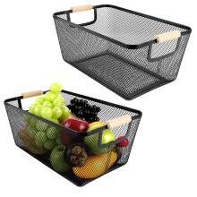 Metal Wire Hanging Kitchen Baskets Black Large With Wooden Handles Dimensions 35 X 25.5 X 15.5 Cm Storage Organizer