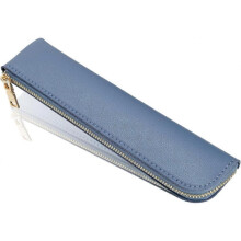 (Dusty blue) Leather pencil case, Thin soft pen bag, Small pencil case for adults,Senior leather Minimal pencil pouch with zipper.