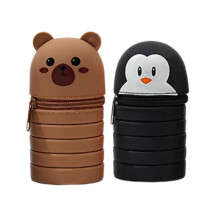 (Penguin and bear) 2Pcs Cartoon Pencil Case Telescoping Pen Pouches for Kids, Zippered Silicone Pencil Case Desktop Pen Holder