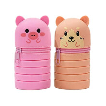 (dog plus pig) 2Pcs Cartoon Pencil Case Telescoping Pen Pouches for Kids, Zippered Silicone Pencil Case Desktop Pen Holder