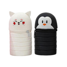 (Penguin and cat) 2Pcs Cartoon Pencil Case Telescoping Pen Pouches for Kids, Zippered Silicone Pencil Case Desktop Pen Holder