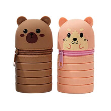 (Bear and dog) 2Pcs Cartoon Pencil Case Telescoping Pen Pouches for Kids, Zippered Silicone Pencil Case Desktop Pen Holder