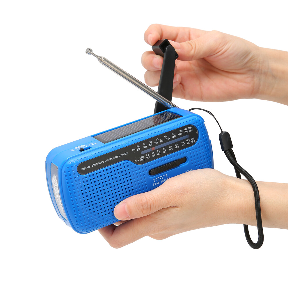 Hand Crank Solar Radio Am Fm Sw1 Sw2 With Led Flashlight Blue 8431357485431