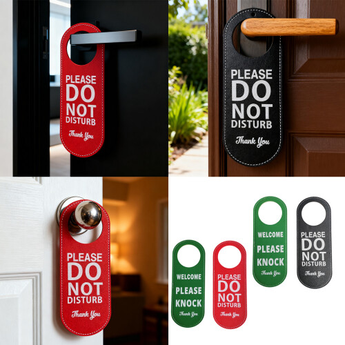 Leather Knock Please Door Hanger Sign-Red front Green back 2