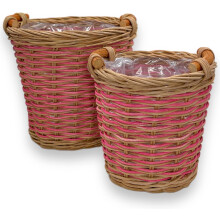 Set of 2 Rattan Plant Pots - Woven Indoor Outdoor Flower Planters with Liners & Handles for Rustic Boho Home & Garden Décor