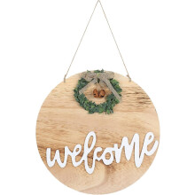 (As show, One size) Welcome Door Sign, Logo Wreath, Porch Decoration, Wooden Pendant, With Artificial Green Plants and Bows Suitable for Vil