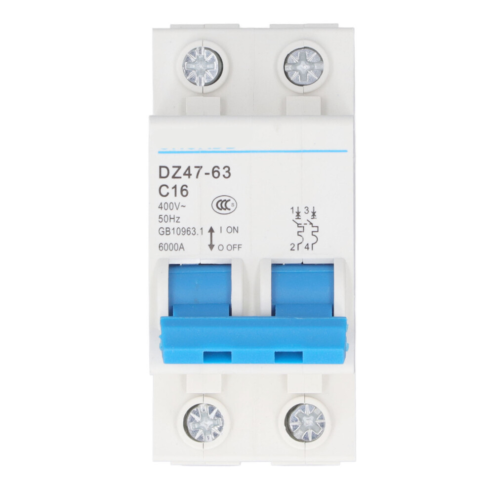 DZ47-63 C16 Miniature Circuit Breaker 2P Residual Current Isolator, 16A, 400V, DIN Rail Mount